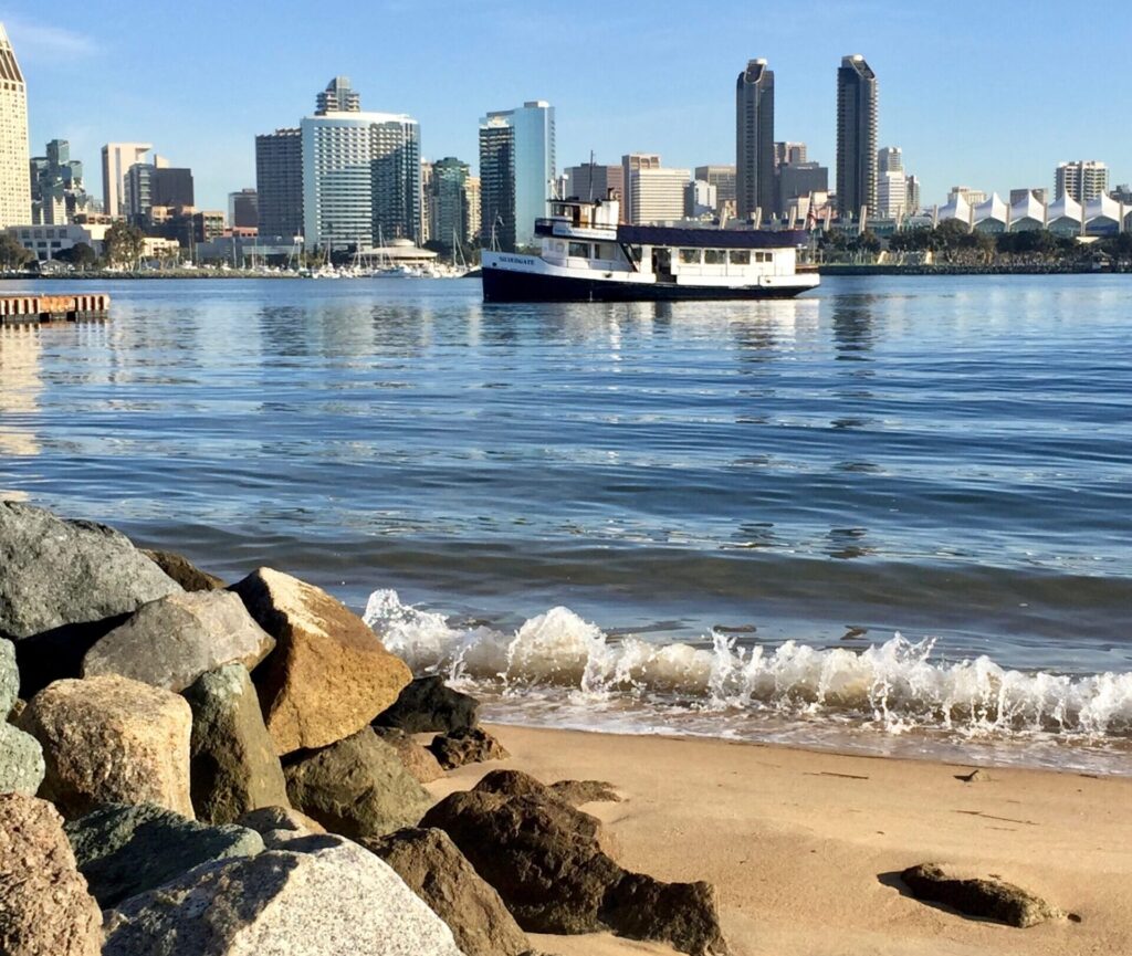 Waves rippling on Coronado bay with ferry and skyline in background