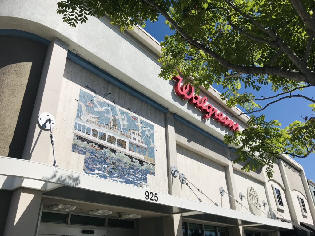 Exterior of Walgreens in Coronado with a mural of the Coronado ferry